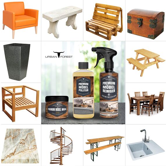 Möbelwachs Möbelöl & Möbelreiniger als Sparset für Holzoberflächen, Kunststoffoberflächen, Kunstleder, Natur- u. Kunststeine, Lederoberﬂächen URBAN FOREST (Sparset Reiniger+Wachs+Politur)