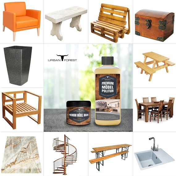 Holzschutz & Möbelpolitur | Möbelpflege für Möbel, Holzoberflächen, Kunststoffoberflächen, Kunstleder, Natur- u. Kunststeine, Lederoberﬂächen URBAN FOREST (Sparset Wachs+Politur)