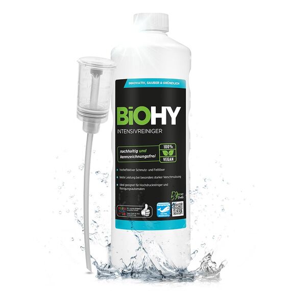 BiOHY Intensivreiniger Universal (1l Flasche) + Dosierer | Bodenreiniger Konzentrat | hocheffektiver Reiniger | ideal für Reinigungsautomaten & Hochdruckreiniger | ideal für Hochdruckreiniger
