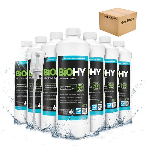 BiOHY Grundreiniger (9 x 1 Liter) + Dosierer | Bodenreiniger Konzentrat gegen hartnäckige Verkrustungen & Pflegefilme | reinigt alle säure- & wasserfesten Oberflächen | für maschinelle & manuelle