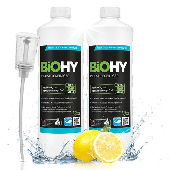 BiOHY Industriereiniger (2 x 1 liter) + Dosierer | Bodenreiniger Konzentrat | nicht schäumend | geeignet für Reinigungsautomaten & Hochdruckreiniger | für wasserfeste Böden | für wasserfeste