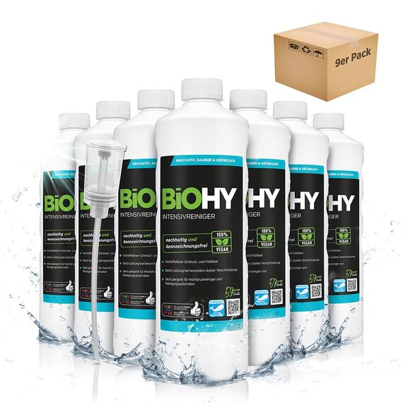 BiOHY Intensivreiniger Universal (9 x 1 Liter) + Dosierer | Bodenreiniger Konzentrat | hocheffektiver Reiniger | ideal für Reinigungsautomaten & Hochdruckreiniger | ideal für Hochdruckreiniger