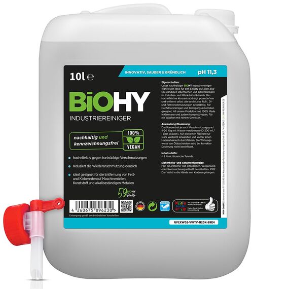 BiOHY Industriereiniger (10 Liter Kanister) + Auslaufhahn | Bodenreiniger Konzentrat | nicht schäumend | geeignet für Reinigungsautomaten & Hochdruckreiniger | für wasserfeste Böden