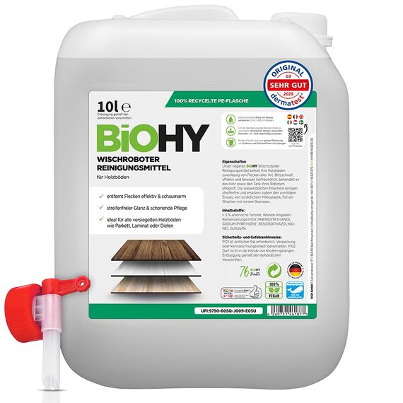 BiOHY Wischroboter Reinigungsmittel für Holzböden (10 Liter Kanister) + Auslaufhahn | Bodenreiniger Konzentrat | Laminat & Parkettpflege | Bodenreiniger Mittel mit streifenfreiem Glanz | Schaumarm