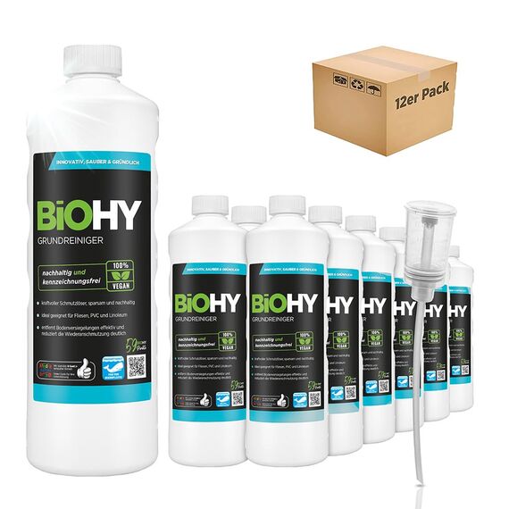 BiOHY Grundreiniger (12 x 1 Liter) + Dosierer | Bodenreiniger Konzentrat gegen hartnäckige Verkrustungen & Pflegefilme | reinigt alle säure- & wasserfesten Oberflächen | für maschinelle & manuelle