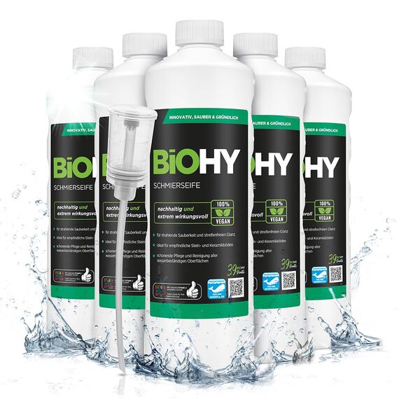 BiOHY Schmierseife (6 x 1 Liter) + Dosierer | Bodenreiniger Konzentrat – Wischpflege für Holz, Parkett & Fliesen | Rückfettend, extra stark & ergiebig | Flüssiger Bio-Fußbodenreiniger