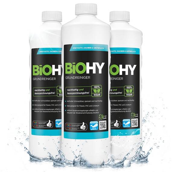 BiOHY Grundreiniger (3 x 1 Liter) | Bodenreiniger Konzentrat gegen hartnäckige Verkrustungen & Pflegefilme | reinigt alle säure- & wasserfesten Oberflächen | für maschinelle & manuelle Bodenreinigung
