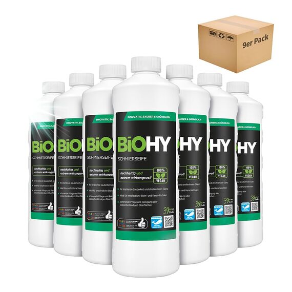 BiOHY Schmierseife (9 x 1 Liter) | Bodenreiniger Konzentrat – Wischpflege für Holz, Parkett & Fliesen | Rückfettend, extra stark & ergiebig | Flüssiger Bio-Fußbodenreiniger