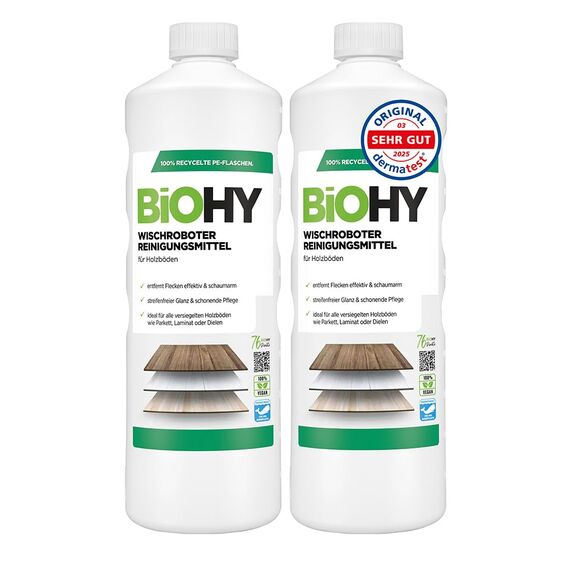 BiOHY Wischroboter Reinigungsmittel für Holzböden (2 x 1 liter) | Bodenreiniger Konzentrat | Laminat & Parkettpflege | Bodenreiniger Mittel mit streifenfreiem Glanz | Schaumarm