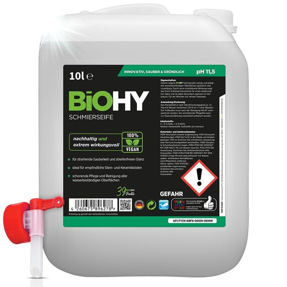 BiOHY Schmierseife (10 Liter Kanister) + Auslaufhahn | Bodenreiniger Konzentrat – Wischpflege für Holz, Parkett & Fliesen | Rückfettend, extra stark & ergiebig | Flüssiger Bio-Fußbodenreiniger