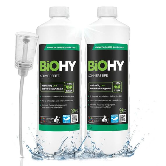 BiOHY Schmierseife (2 x 1 liter) + Dosierer | Bodenreiniger Konzentrat – Wischpflege für Holz, Parkett & Fliesen | Rückfettend, extra stark & ergiebig | Flüssiger Bio-Fußbodenreiniger