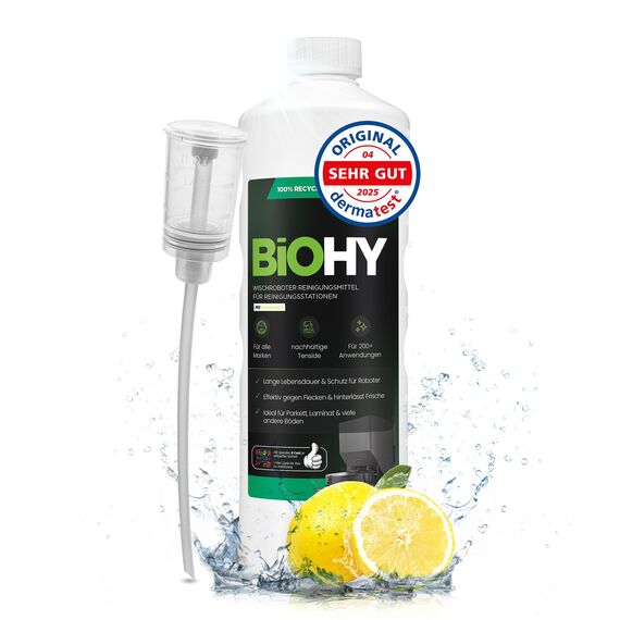 BiOHY Wischroboter Reinigungsmittel für Reinigungsstationen mit Frischeduft (1l Flasche) + Dosierer | Verlängert die Lebensdauer der Absaugstation | Schaumarmes Bodenreiniger Konzentrat