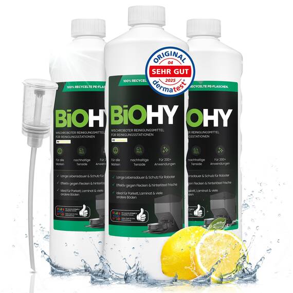 BiOHY Wischroboter Reinigungsmittel für Reinigungsstationen mit Frischeduft (3 x 1 Liter) + Dosierer | Verlängert die Lebensdauer der Absaugstation | Schaumarmes Bodenreiniger Konzentrat
