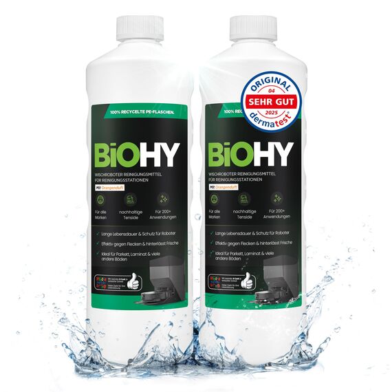BiOHY Wischroboter Reinigungsmittel für Reinigungsstationen mit Orangenduft (2 x 1 liter) | Verlängert die Lebensdauer der Absaugstation | Schaumarmes Bodenreiniger Konzentrat