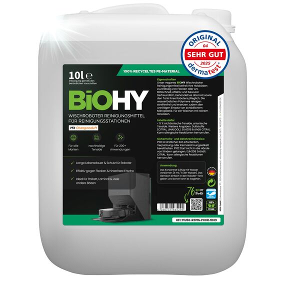 BiOHY Wischroboter Reinigungsmittel für Reinigungsstationen mit Orangenduft (10 Liter Kanister) | Verlängert die Lebensdauer der Absaugstation | Schaumarmes Bodenreiniger Konzentrat