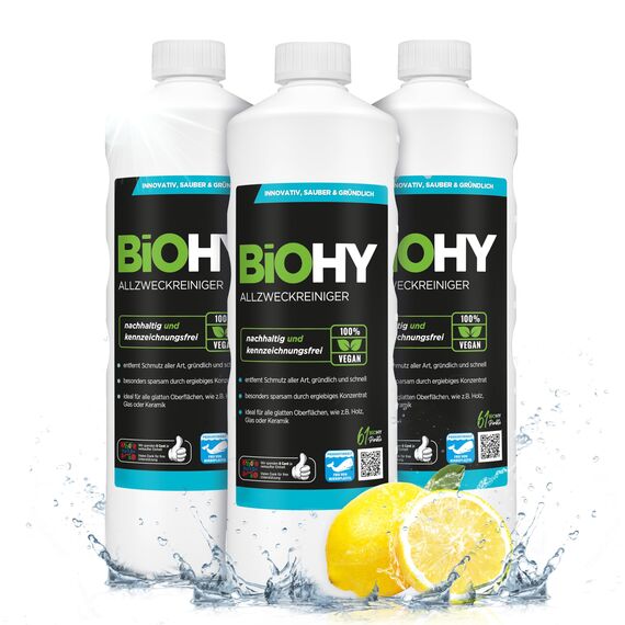 BiOHY Allzweckreiniger (3 x 1 Liter) | Bodenreiniger Konzentrat | Bio Allesreiniger für Haushalt und Gewerbe mit universaler Anwendung | schnell und effektiv | Kalkreiniger Konzentrat