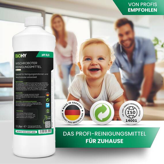 BiOHY Wischroboter Reinigungsmittel für Reinigungsstationen mit Frischeduft (3 x 1 Liter) + Dosierer | Verlängert die Lebensdauer der Absaugstation | Schaumarmes Bodenreiniger Konzentrat
