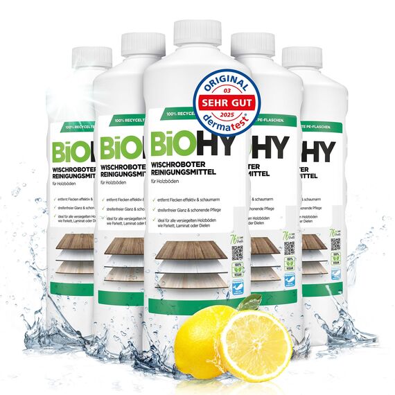 BiOHY Wischroboter Reinigungsmittel für Holzböden (6 x 1 Liter) | Bodenreiniger Konzentrat | Laminat & Parkettpflege | Bodenreiniger Mittel mit streifenfreiem Glanz | Schaumarm