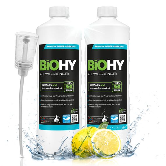 BiOHY Allzweckreiniger (2 x 1 liter) + Dosierer | Bodenreiniger Konzentrat | Bio Allesreiniger für Haushalt und Gewerbe mit universaler Anwendung | schnell und effektiv | Kalkreiniger Konzentrat