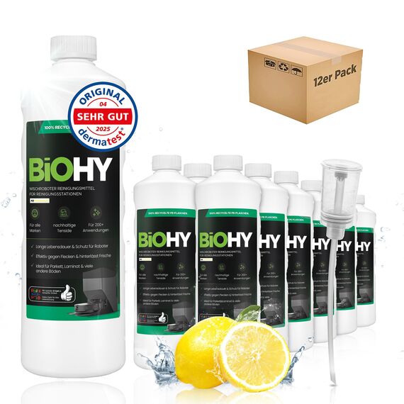 BiOHY Wischroboter Reinigungsmittel für Reinigungsstationen mit Frischeduft (12 x 1 Liter) + Dosierer | Verlängert die Lebensdauer der Absaugstation | Schaumarmes Bodenreiniger Konzentrat