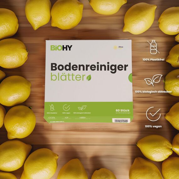 BiOHY Bodenreiniger Blätter (1 x 60 Stück) | Bodenreiniger Konzentrat Alternative | Wasserlöslich & Geeignet für Holz, Laminat, Fliesen, PVC für maschinelle & manuelle Bodenreinigung