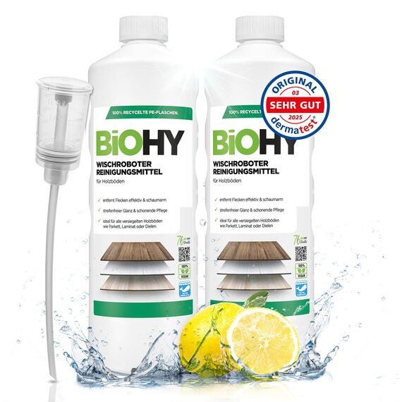 BiOHY Wischroboter Reinigungsmittel für Holzböden (2 x 1 liter) + Dosierer | Bodenreiniger Konzentrat | Laminat & Parkettpflege | Bodenreiniger Mittel mit streifenfreiem Glanz | Schaumarm