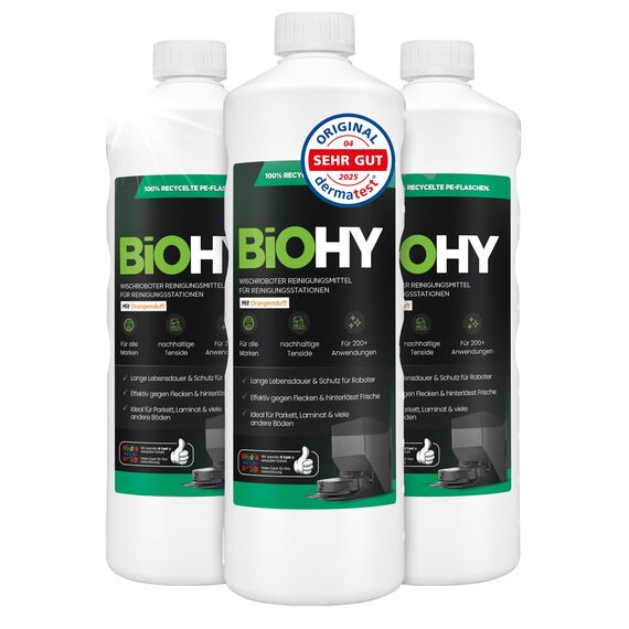 BiOHY Wischroboter Reinigungsmittel für Reinigungsstationen mit Orangenduft (3 x 1 Liter) | Verlängert die Lebensdauer der Absaugstation | Schaumarmes Bodenreiniger Konzentrat
