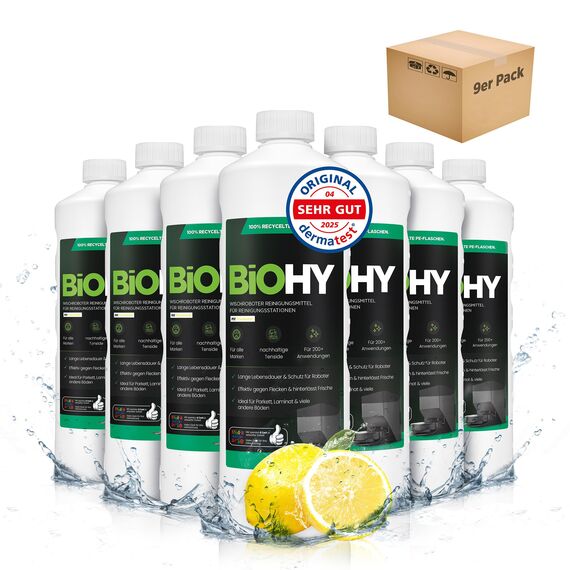 BiOHY Wischroboter Reinigungsmittel für Reinigungsstationen (9 x 1 Liter) | Verlängert die Lebensdauer der Absaugstation | Schaumarmes Bodenreiniger Konzentrat