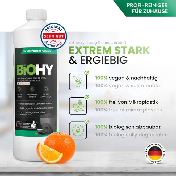 BiOHY Wischroboter Reinigungsmittel für Reinigungsstationen mit Orangenduft (3 x 1 Liter) + Dosierer | Verlängert die Lebensdauer der Absaugstation | Schaumarmes Bodenreiniger Konzentrat