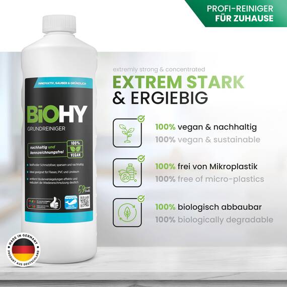 BiOHY Grundreiniger (6 x 1 Liter) | Bodenreiniger Konzentrat gegen hartnäckige Verkrustungen & Pflegefilme | reinigt alle säure- & wasserfesten Oberflächen | für maschinelle & manuelle Bodenreinigung