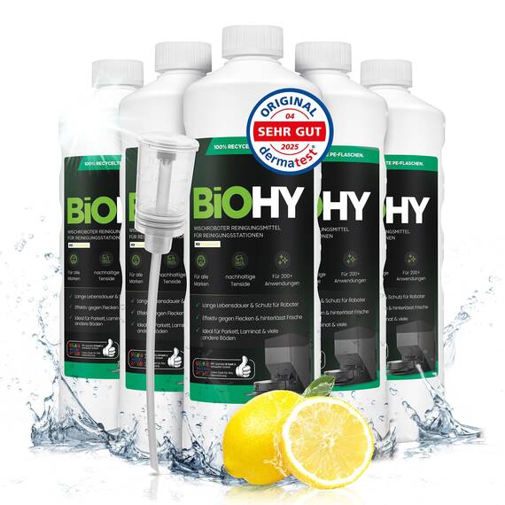 BiOHY Wischroboter Reinigungsmittel für Reinigungsstationen mit Frischeduft (6 x 1 Liter) + Dosierer | Verlängert die Lebensdauer der Absaugstation | Schaumarmes Bodenreiniger Konzentrat