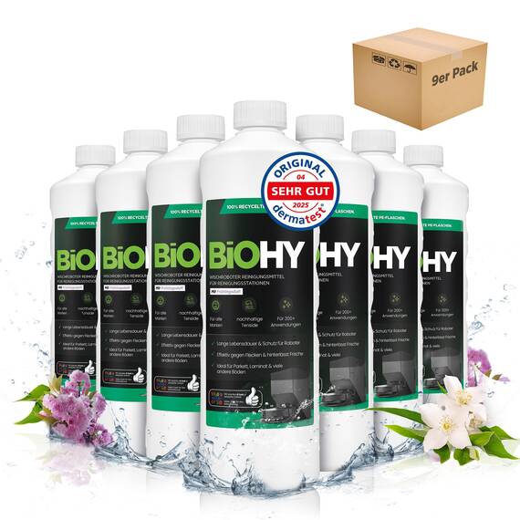 BiOHY Wischroboter Reinigungsmittel für Reinigungsstationen mit Frühlingsduft (9 x 1 Liter) | Verlängert die Lebensdauer der Absaugstation | Schaumarmes Bodenreiniger Konzentrat