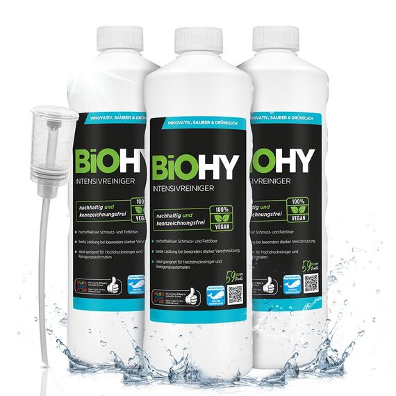 BiOHY Intensivreiniger Universal (3 x 1 Liter) + Dosierer | Bodenreiniger Konzentrat | hocheffektiver Reiniger | ideal für Reinigungsautomaten & Hochdruckreiniger | ideal für Hochdruckreiniger