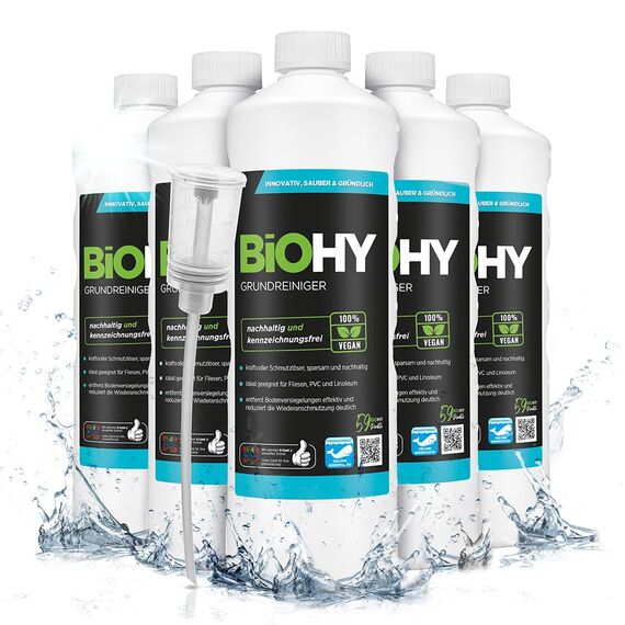 BiOHY Grundreiniger (6 x 1 Liter) + Dosierer | Bodenreiniger Konzentrat gegen hartnäckige Verkrustungen & Pflegefilme | reinigt alle säure- & wasserfesten Oberflächen | für maschinelle & manuelle