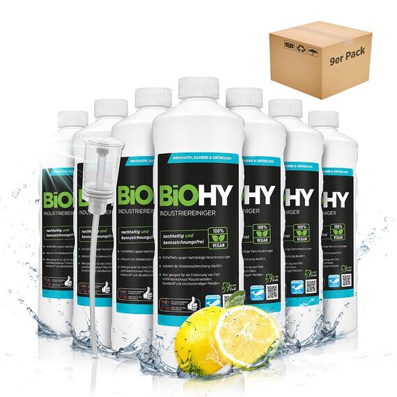 BiOHY Industriereiniger (9 x 1 Liter) + Dosierer | Bodenreiniger Konzentrat | nicht schäumend | geeignet für Reinigungsautomaten & Hochdruckreiniger | für wasserfeste Böden | für wasserfeste