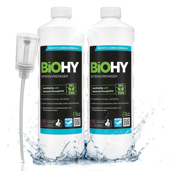 BiOHY Intensivreiniger Universal (2 x 1 liter) + Dosierer | Bodenreiniger Konzentrat | hocheffektiver Reiniger | ideal für Reinigungsautomaten & Hochdruckreiniger | ideal für Hochdruckreiniger