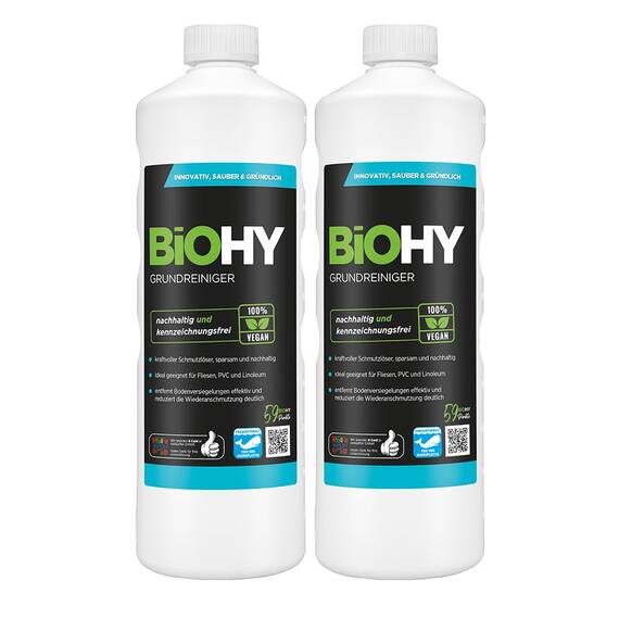 BiOHY Grundreiniger (2 x 1 liter) | Bodenreiniger Konzentrat gegen hartnäckige Verkrustungen & Pflegefilme | reinigt alle säure- & wasserfesten Oberflächen | für maschinelle & manuelle Bodenreinigung