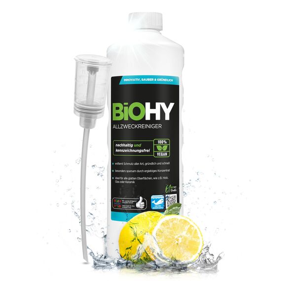 BiOHY Allzweckreiniger (1l Flasche) + Dosierer | Bodenreiniger Konzentrat | Bio Allesreiniger für Haushalt und Gewerbe mit universaler Anwendung | schnell und effektiv | Kalkreiniger Konzentrat