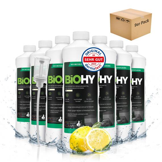 BiOHY Wischroboter Reinigungsmittel für Reinigungsstationen mit Frischeduft (9 x 1 Liter) + Dosierer | Verlängert die Lebensdauer der Absaugstation | Schaumarmes Bodenreiniger Konzentrat