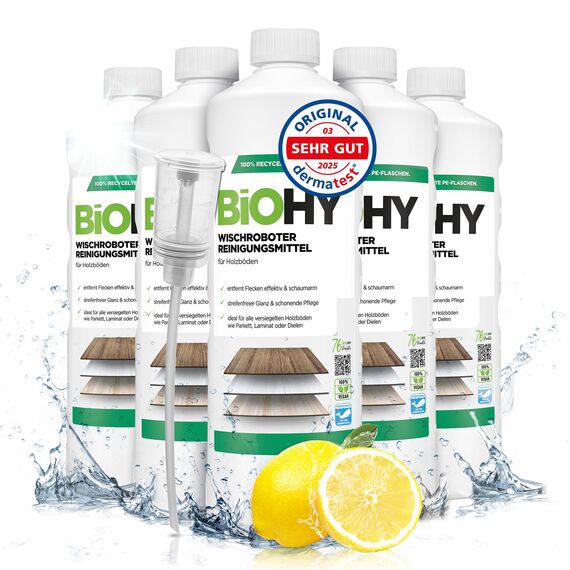 BiOHY Wischroboter Reinigungsmittel für Holzböden (6 x 1 Liter) + Dosierer | Bodenreiniger Konzentrat | Laminat & Parkettpflege | Bodenreiniger Mittel mit streifenfreiem Glanz | Schaumarm