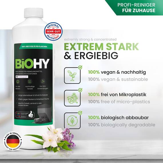 BiOHY Wischroboter Reinigungsmittel für Reinigungsstationen mit Frühlingsduft (6 x 1 Liter) + Dosierer | Verlängert die Lebensdauer der Absaugstation | Schaumarmes Bodenreiniger Konzentrat