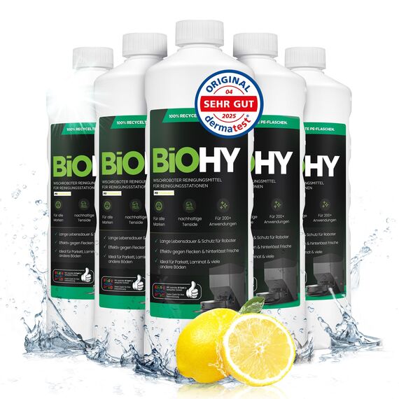 BiOHY Wischroboter Reinigungsmittel für Reinigungsstationen (6 x 1 Liter) | Verlängert die Lebensdauer der Absaugstation | Schaumarmes Bodenreiniger Konzentrat
