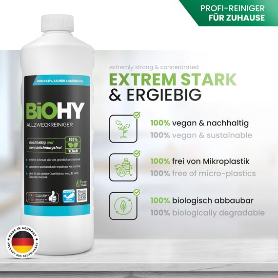 BiOHY Allzweckreiniger (6 x 1 Liter) + Dosierer | Bodenreiniger Konzentrat | Bio Allesreiniger für Haushalt und Gewerbe mit universaler Anwendung | schnell und effektiv | Kalkreiniger Konzentrat