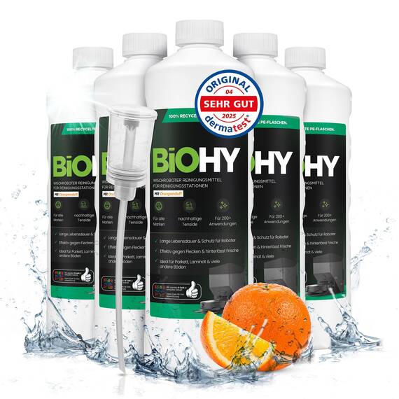 BiOHY Wischroboter Reinigungsmittel für Reinigungsstationen mit Orangenduft (6 x 1 Liter) + Dosierer | Verlängert die Lebensdauer der Absaugstation | Schaumarmes Bodenreiniger Konzentrat