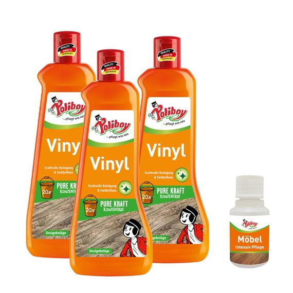 POLIBOY Vinyl Reiniger - Bodenreiniger für Designbelag - Wischpflege als Reinigungskonzentrat mit Jojobaöl - 3x 500 ml - Mit Produktprobe - Made in Germany