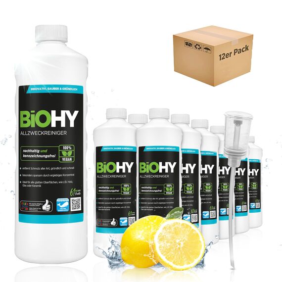 BiOHY Allzweckreiniger (12 x 1 Liter) + Dosierer | Bodenreiniger Konzentrat | Bio Allesreiniger für Haushalt und Gewerbe mit universaler Anwendung | schnell und effektiv | Kalkreiniger Konzentrat