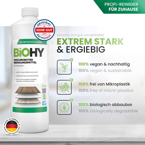 BiOHY Wischroboter Reinigungsmittel für Holzböden (1l Flasche) | Bodenreiniger Konzentrat | Laminat & Parkettpflege | Bodenreiniger Mittel mit streifenfreiem Glanz | Schaumarm