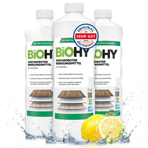BiOHY Wischroboter Reinigungsmittel für Holzböden (3 x 1 Liter) | Bodenreiniger Konzentrat | Laminat & Parkettpflege | Bodenreiniger Mittel mit streifenfreiem Glanz | Schaumarm