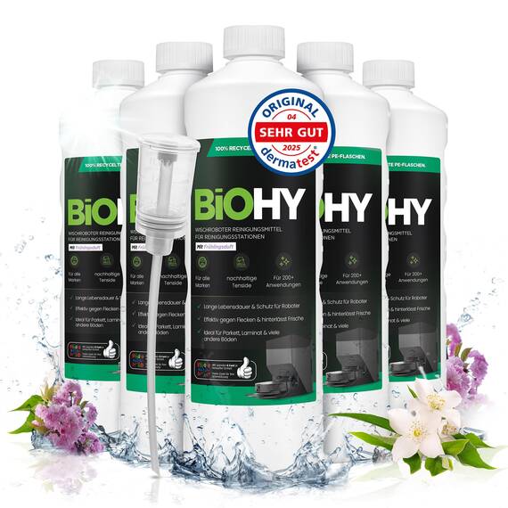 BiOHY Wischroboter Reinigungsmittel für Reinigungsstationen mit Frühlingsduft (6 x 1 Liter) + Dosierer | Verlängert die Lebensdauer der Absaugstation | Schaumarmes Bodenreiniger Konzentrat