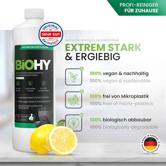 BiOHY Wischroboter Reinigungsmittel für Reinigungsstationen mit Frischeduft (9 x 1 Liter) + Dosierer | Verlängert die Lebensdauer der Absaugstation | Schaumarmes Bodenreiniger Konzentrat
